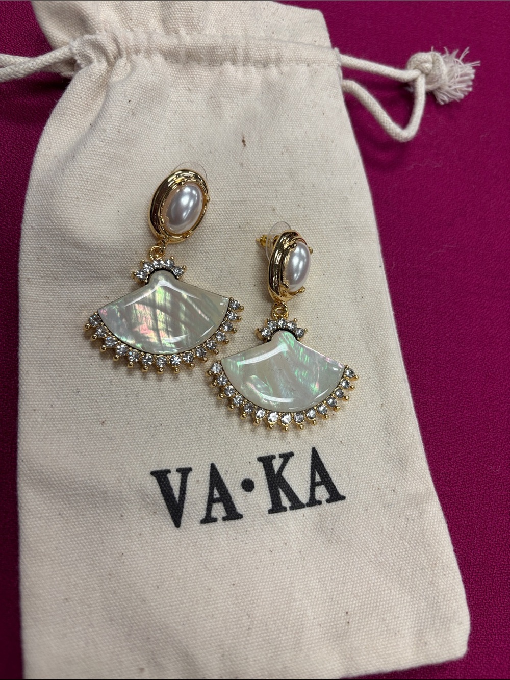 VAKA Gold and Iridescent Mother-of-Pearl Fan Drop Earrings W/O Tag
